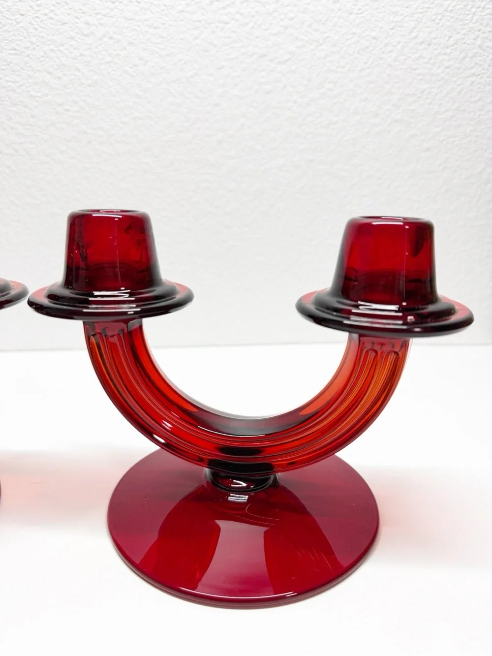 Rare 30s Vintage Fostoria Ruby Red Duo Art Deco Taper Candle Sticks Pair